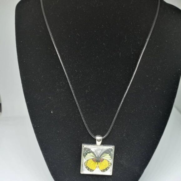 Hand Crafted Jewelry - Yellow Butterfly Silver Square glass pendant chain
